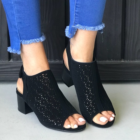 Black Floral Cut Out Perforated Peep Toe Shootie - Picture 3 of 7